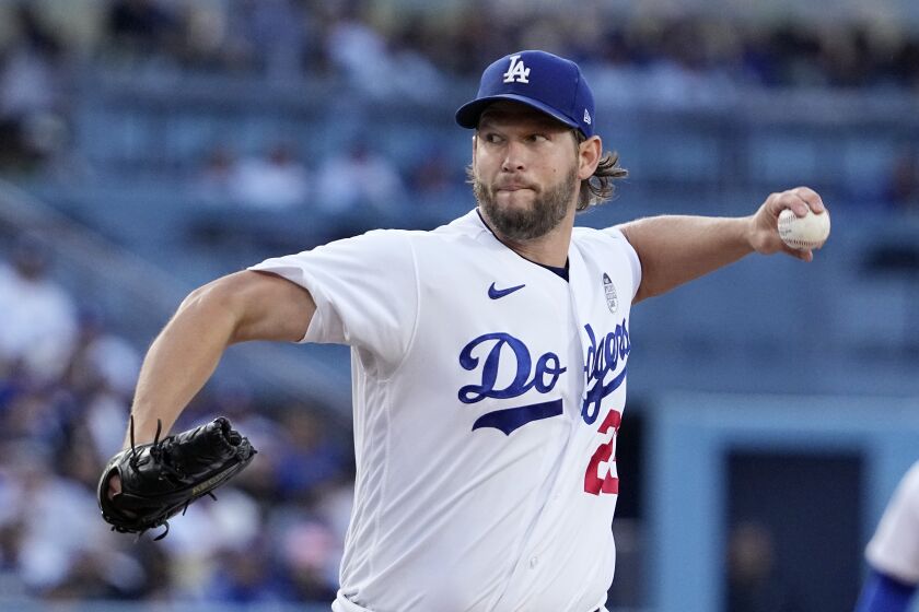 Los Angeles Dodgers starting pitcher Clayton Kershaw throws to the plate during the first inning of a baseball game against the New York Yankees Friday, June 2, 2023, in Los Angeles. (AP Photo/Mark J. Terrill)