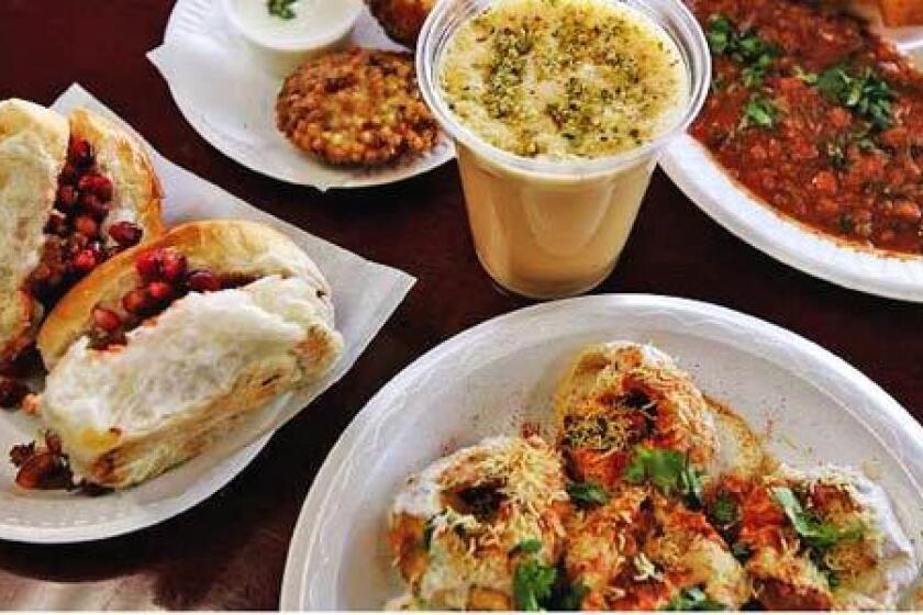 (Clockwise from left) Dabeli, Sabudana Vada, Piyush, Pav Bhaji, and Dahi Batata Puri are served at Mumbai Ki Galliyon Se in Artesia.