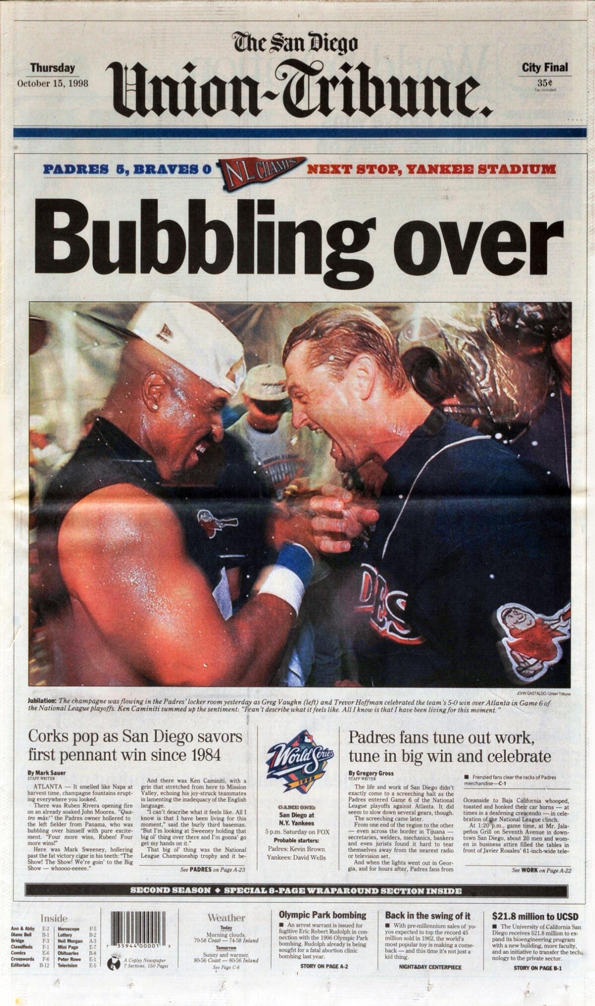 October 15, 1998: Padres win the pennant - The San Diego Union-Tribune