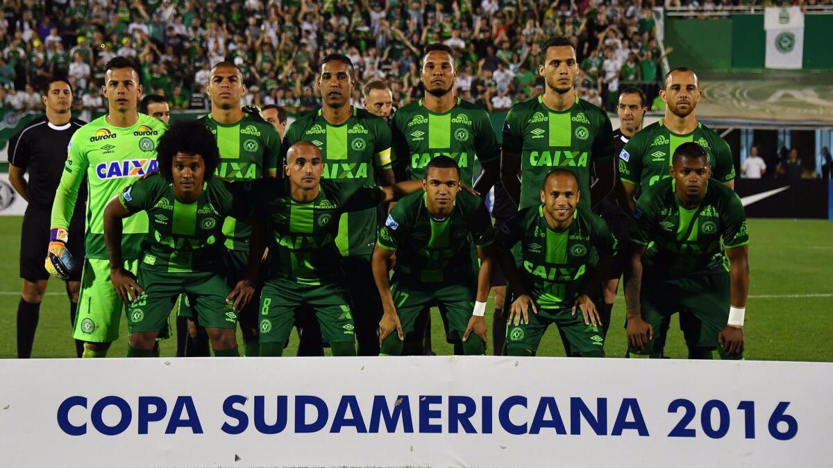 Some members of Brazil's Chapecoense team, shown during their 2016 Copa Sudamericana semifinal match in Chapeco, Brazil, were on a plane that crashed in Colombia on Nov. 28.