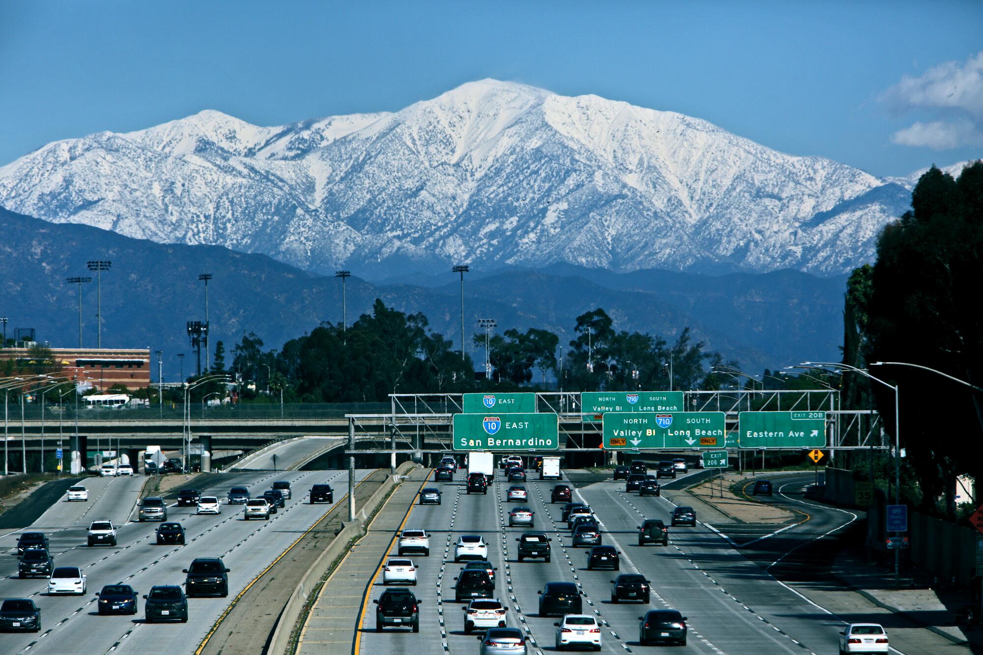 Mt. Baldy rises above the freeway.
