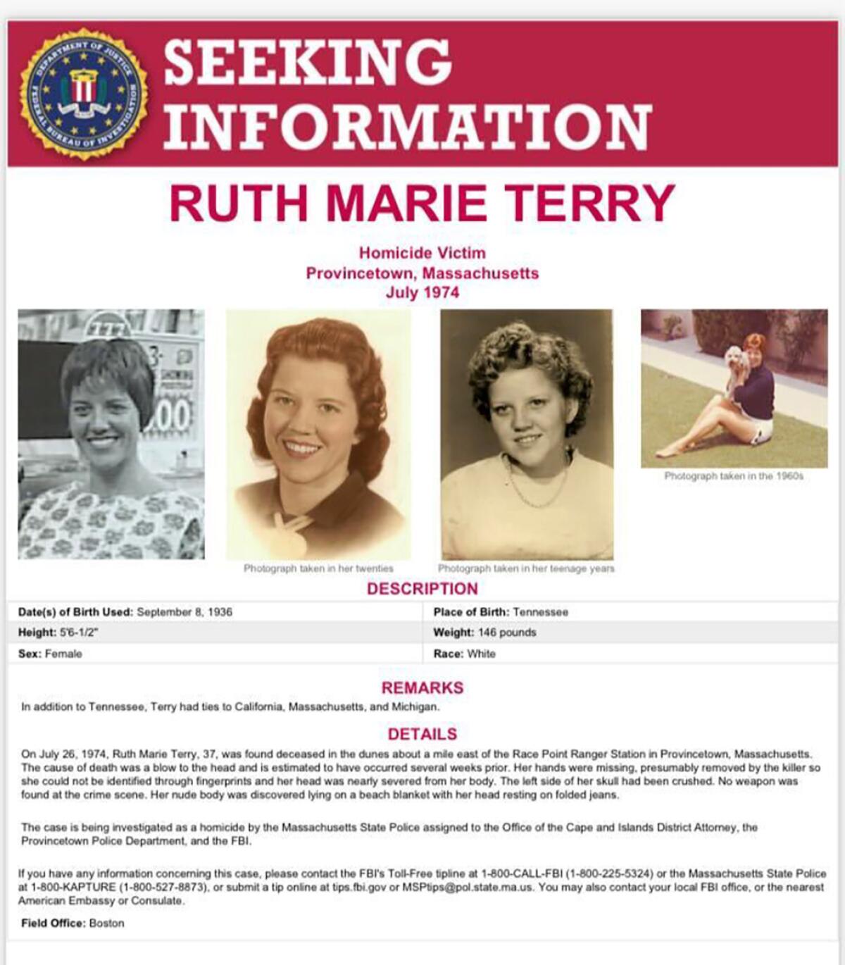 In this 1974 image provided by the FBI is a poster seeking information for homicide victim Ruth Marie Terry. Officials used investigative genealogy to identify a woman whose mutilated body was found on the Cape Cod National Seashore nearly 50 years ago, solving the mystery of the “Lady of the Dunes” that had stumped authorities for decades. The woman was identified on Monday, Oct. 31, 2022, as Ruth Marie Terry of Tennessee, who was 37 years old when she was killed. (FBI via AP)