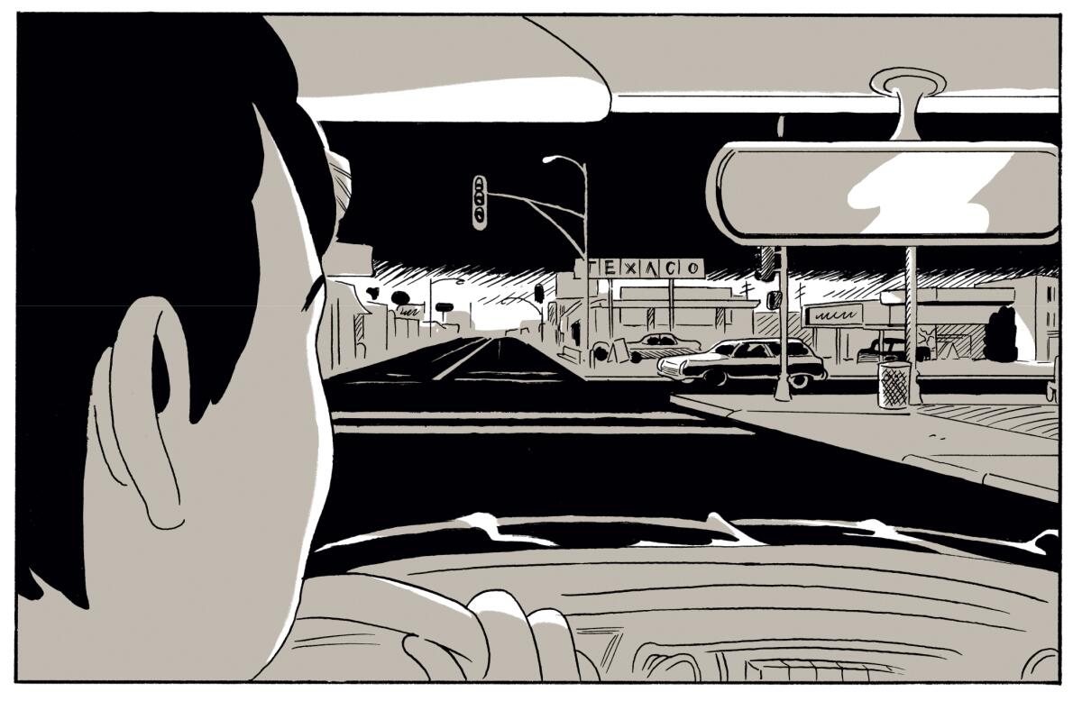 A black-and-white comic book panel shows a man at the wheel of a car observing an L.A. street at night.