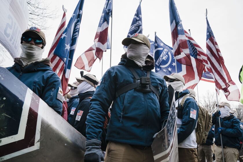 WASHINGTON, DC - JANUARY 21: Members of the right-wing group, the Patriot Front, as they prepare to march with anti-abortion activists during the 49th annual March for Life along Constitution Ave. on Friday, Jan. 21, 2022 in Washington, DC. (Kent Nishimura / Los Angeles Times)