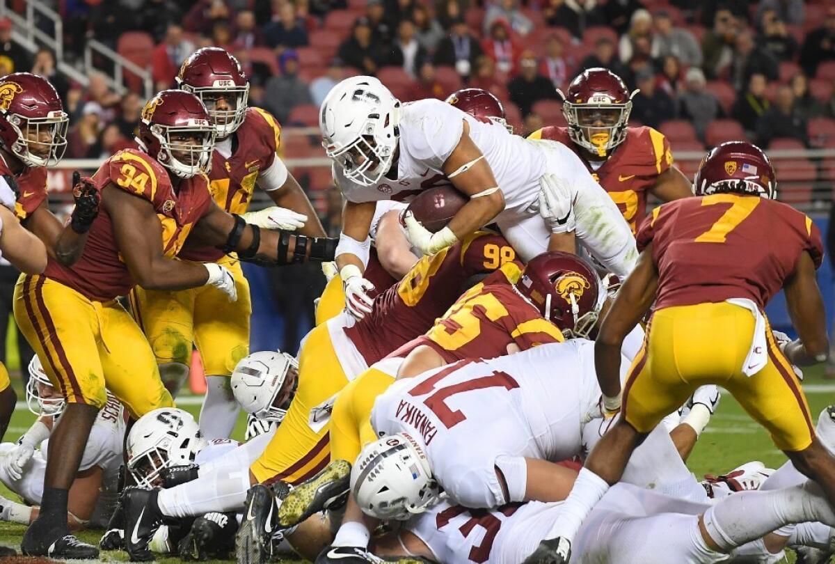 Stanford's Cameron Scarlett comes up a yard short of the goal line against USC during the Pac-12 championship game at Levi's Stadium in Santa Clara on Nov. 30, 2017.