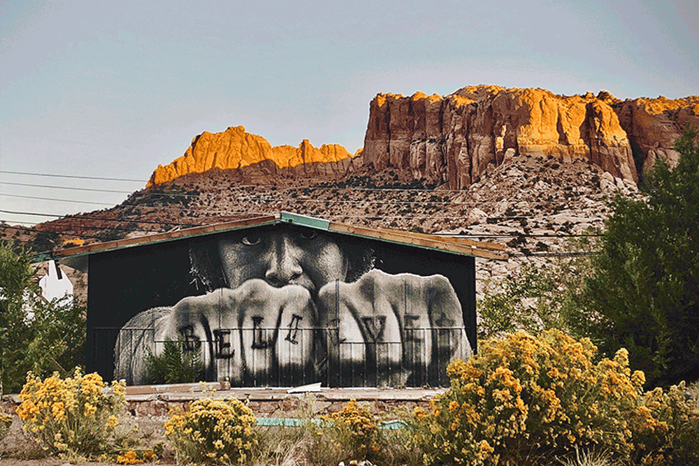 A GIF features Dr. Chip Thomas' large-scale photography presented on buildings and billboards.