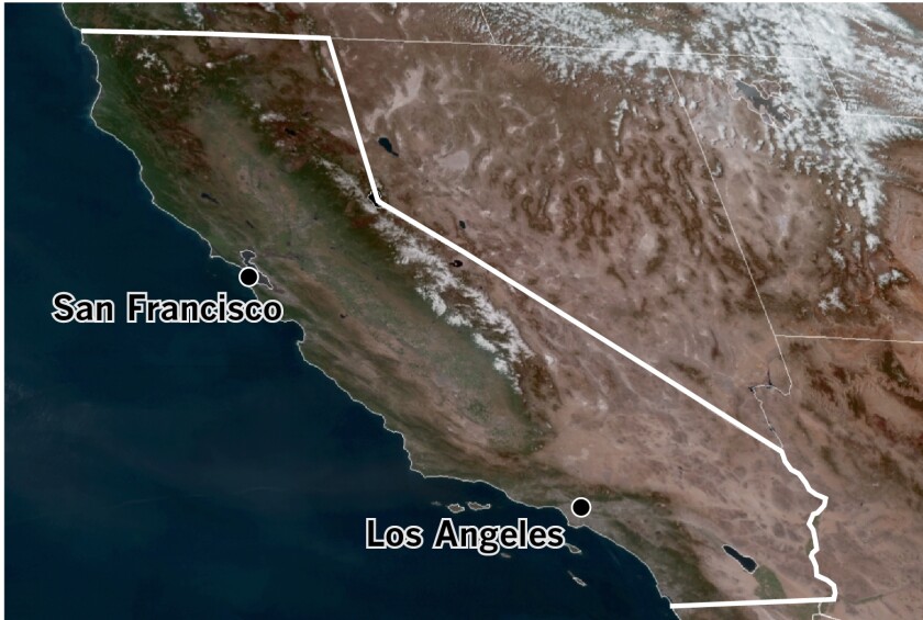 Satellite view shows cloudless skies over California.