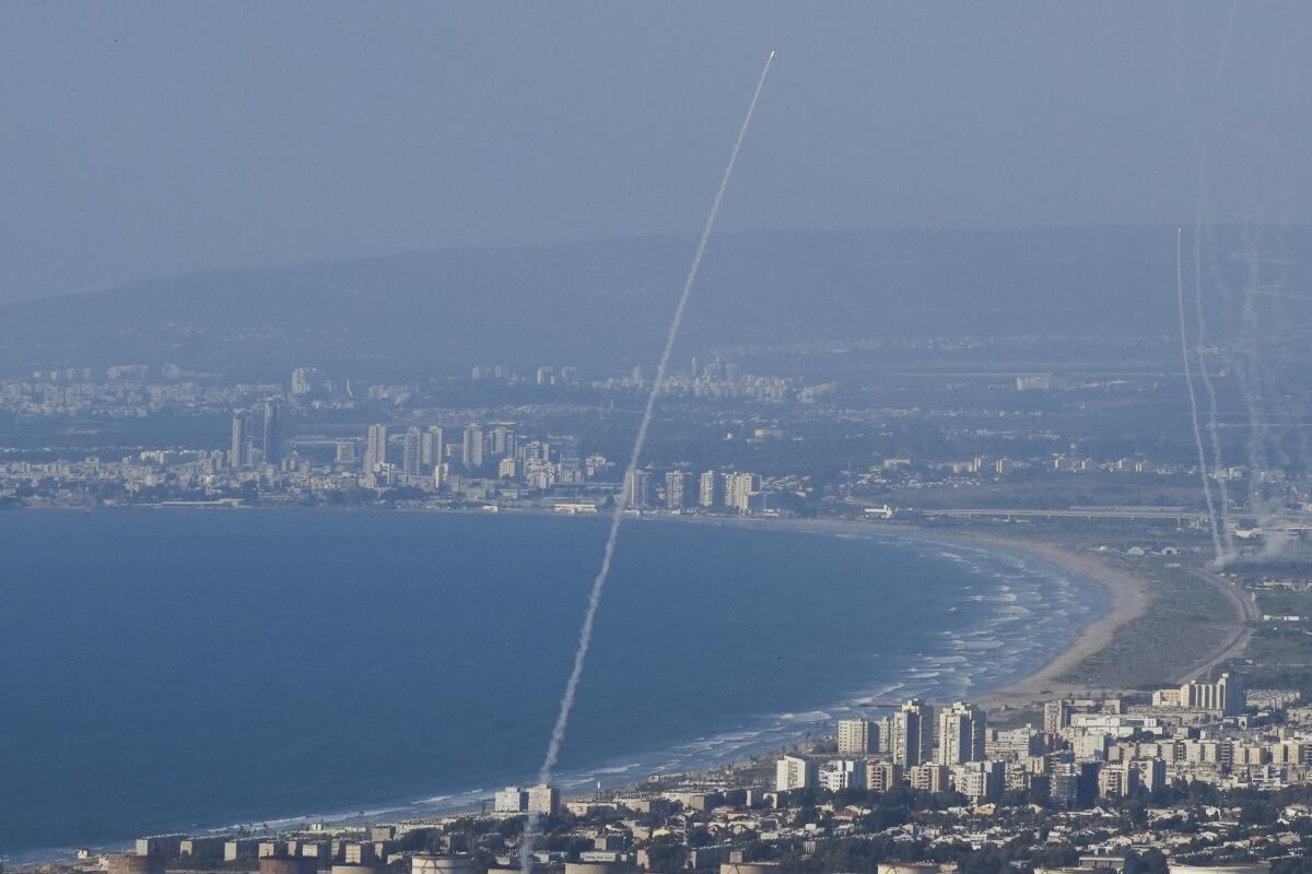 Israeli Iron Dome air defense system fires to intercept rockets that were launched from Lebanon, in northern Israel.