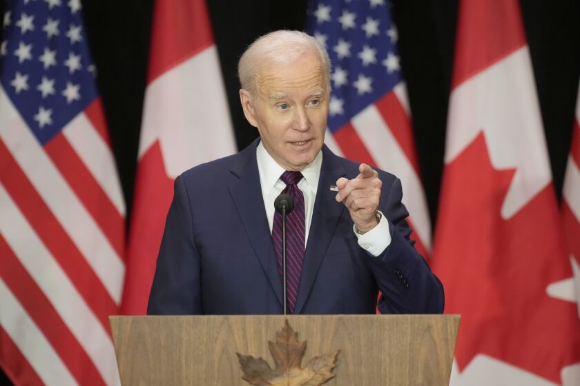 President Joe Biden speaks during a joint news conference with Canada Prime Minister Justin Trudeau in Ottawa, Friday, March 24, 2023. (Justin Tang/The Canadian Press via AP)