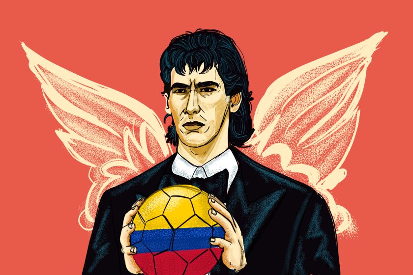 Andres Escobar with wings, holding a soccer ball with Colombian flag colors