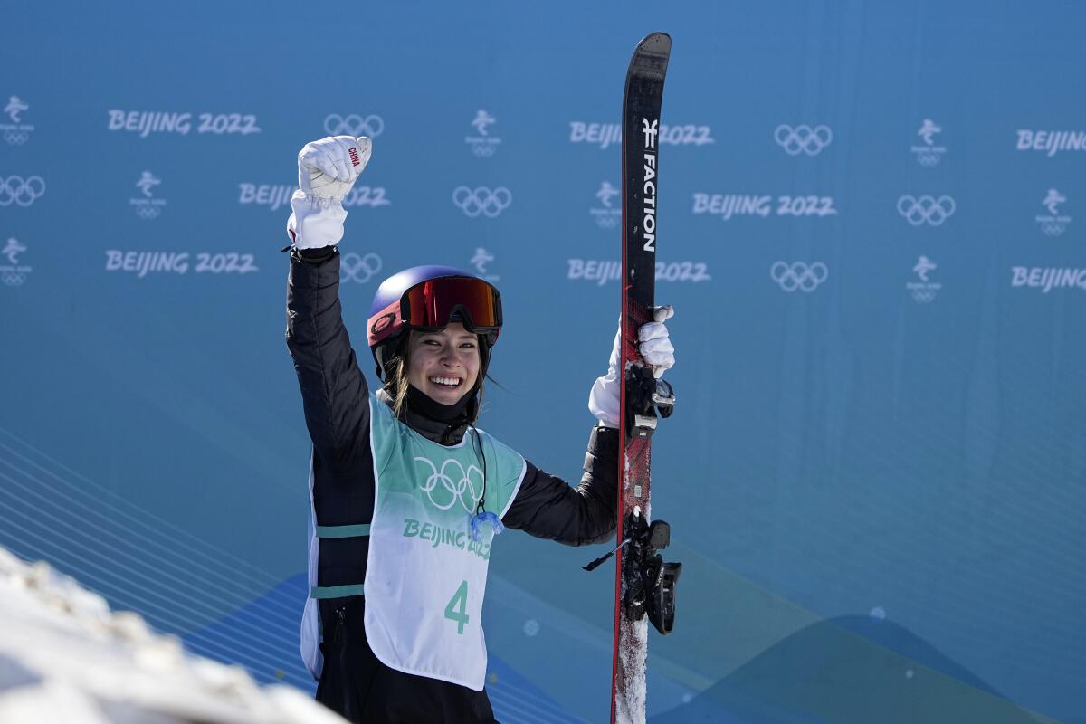 Eileen Gu, of China, reacts after winning the women's freestyle skiing big air finals