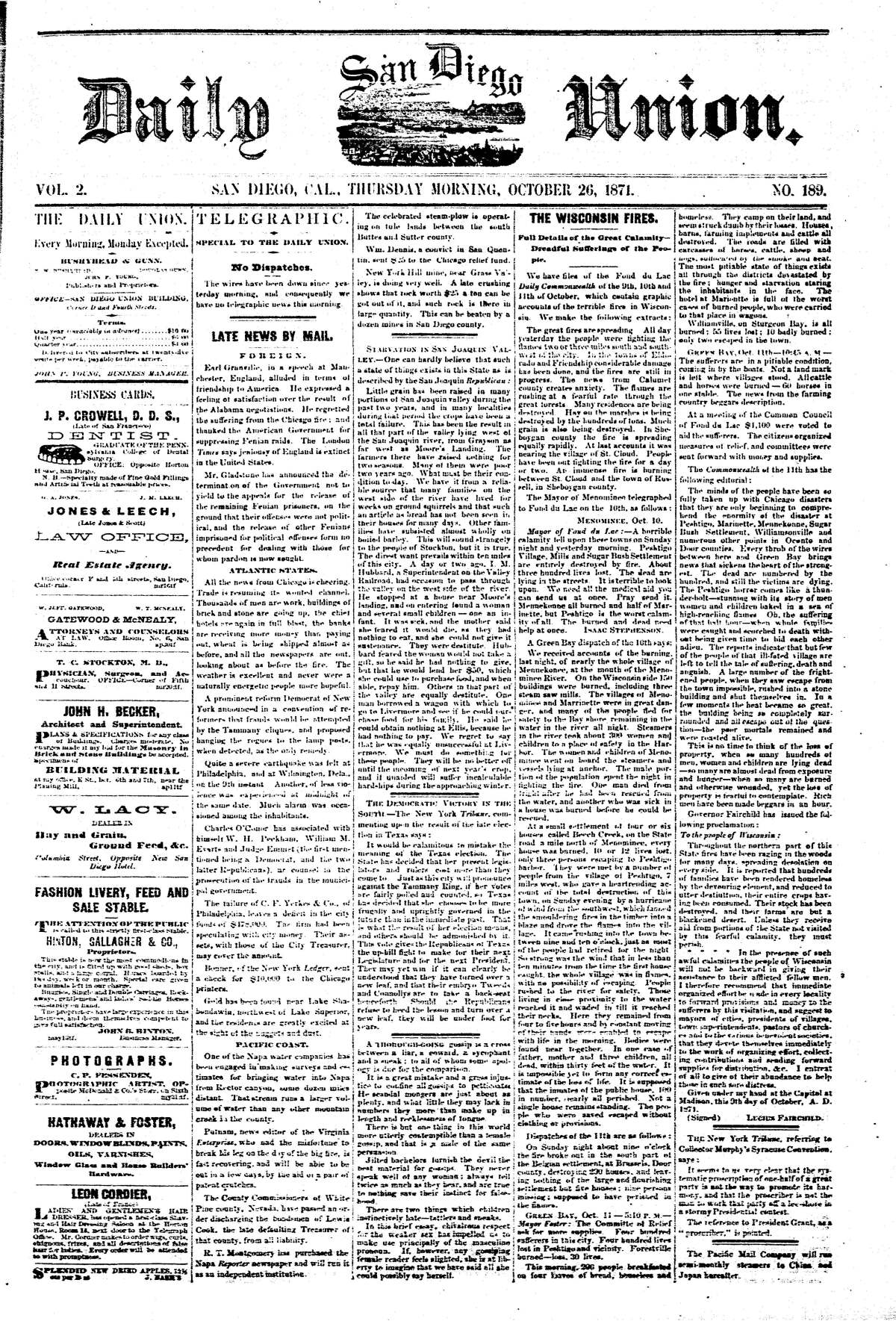 Front page of the Daily San Diego Union, Oct. 27, 1871.