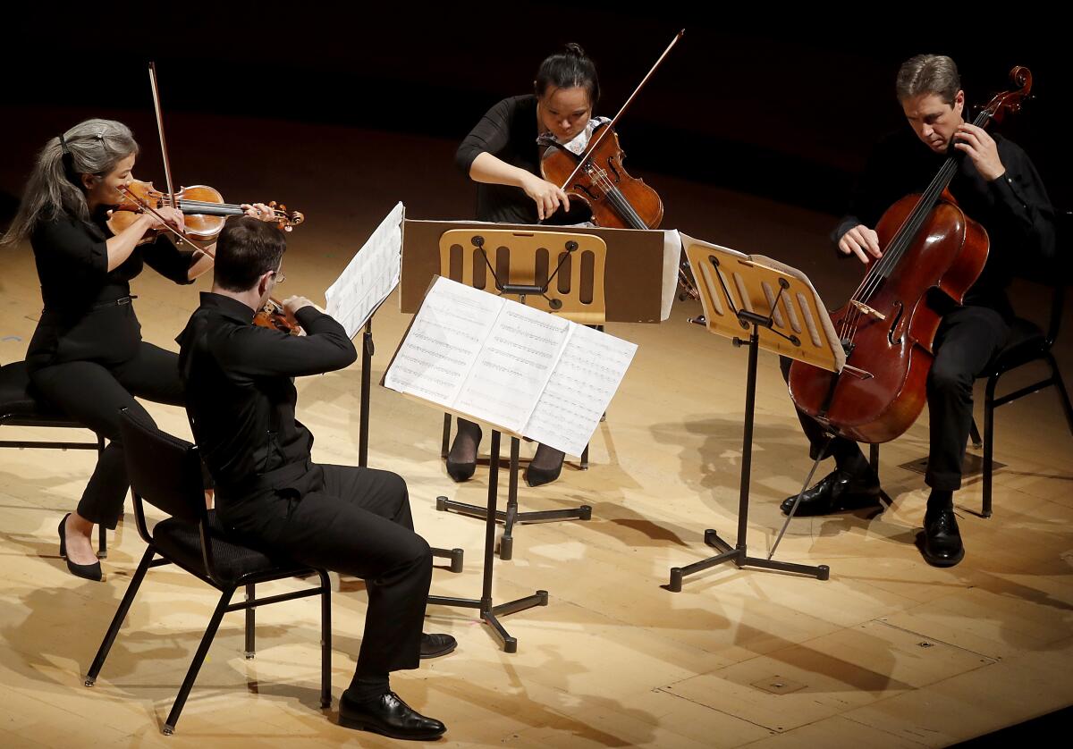 The string quartet performs "Carrot Revolution" by Gabriella Smith in Disney Hall on Tuesday.