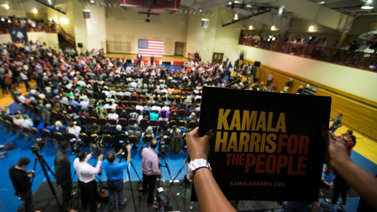 Sen. Kamala Harris addresses the crowd during a town hall Saturday in Columbia, S.C.