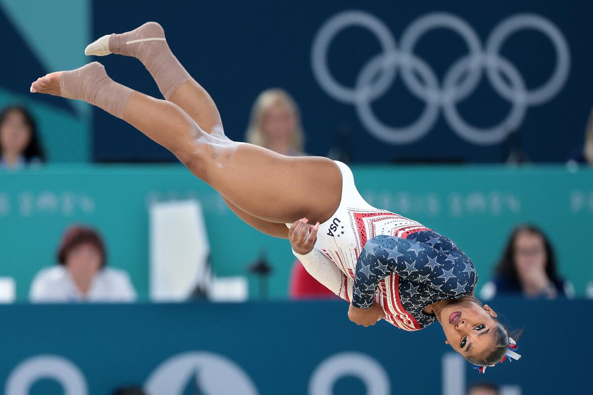 Jordan Chiles competes on the floor during the women's gymnastics team final at the 2024 Olympics in Paris on Tuesday.