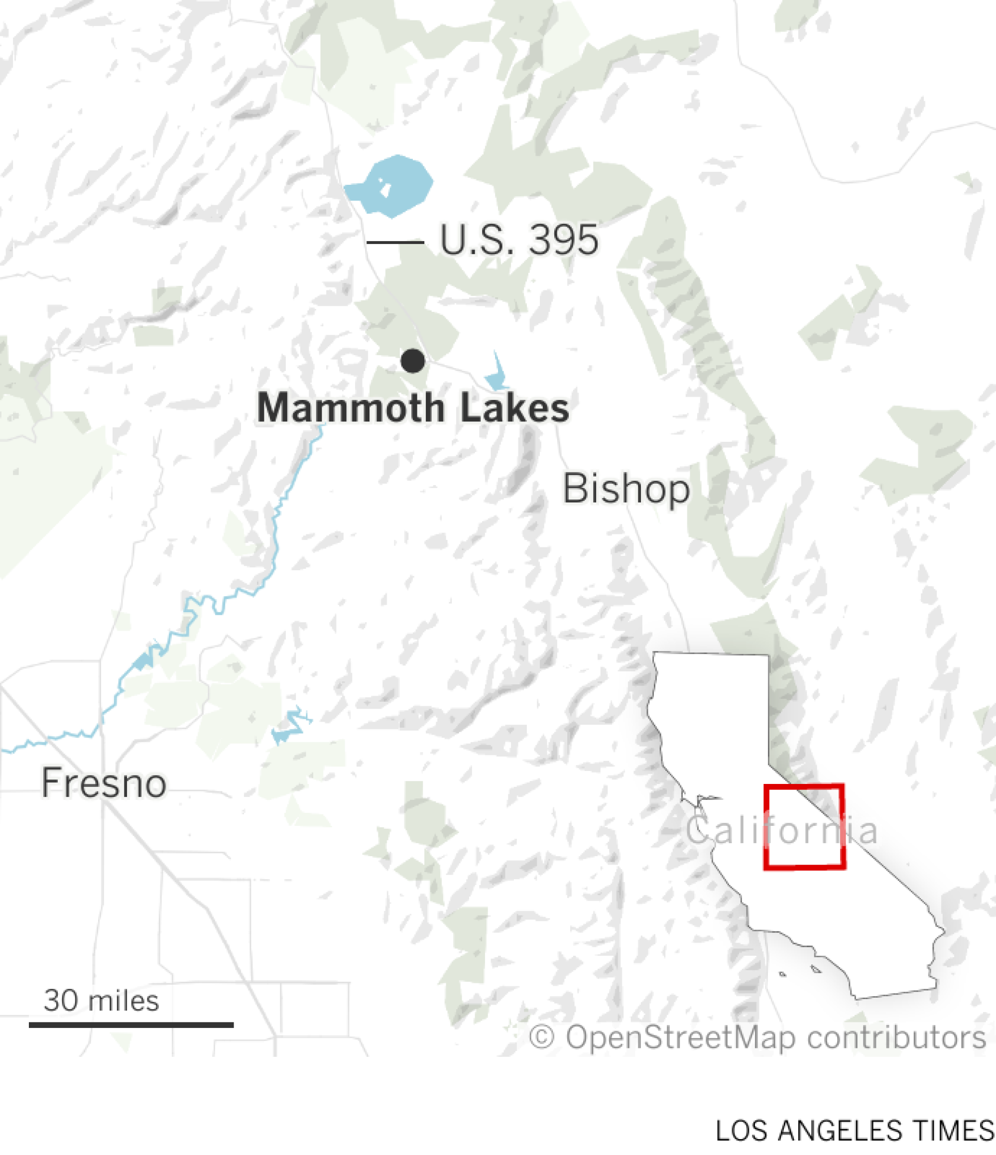 Map shows location of Mammoth Lakes, which is off the U.S. 395 highway, and northwest of Bishop, in Mono County.