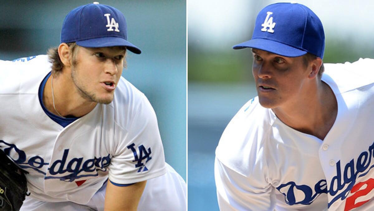 Dodgers pitchers Clayton Kershaw, left, and Zack Greinke have the two lowest earned-run averages of all starters on the five projected National League playoff-bound teams.