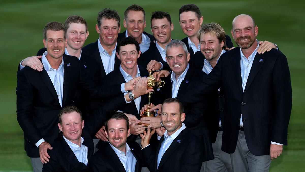 Europe's Ryder Cup team celebrates its win over the U.S. in Gleneagles, Scotland, on Sunday.