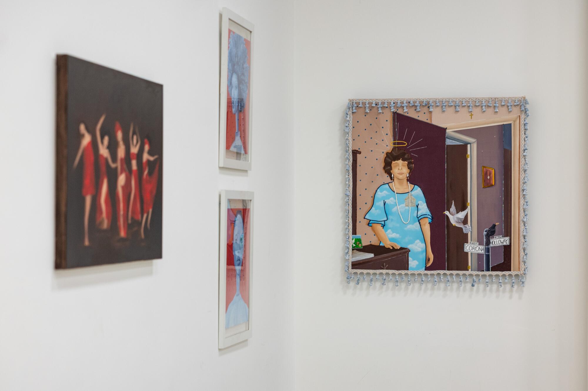 A painting titled "Leona's in the Upper Room" by Marie Jose shows a woman in a halo in a room while a white bird flies by.