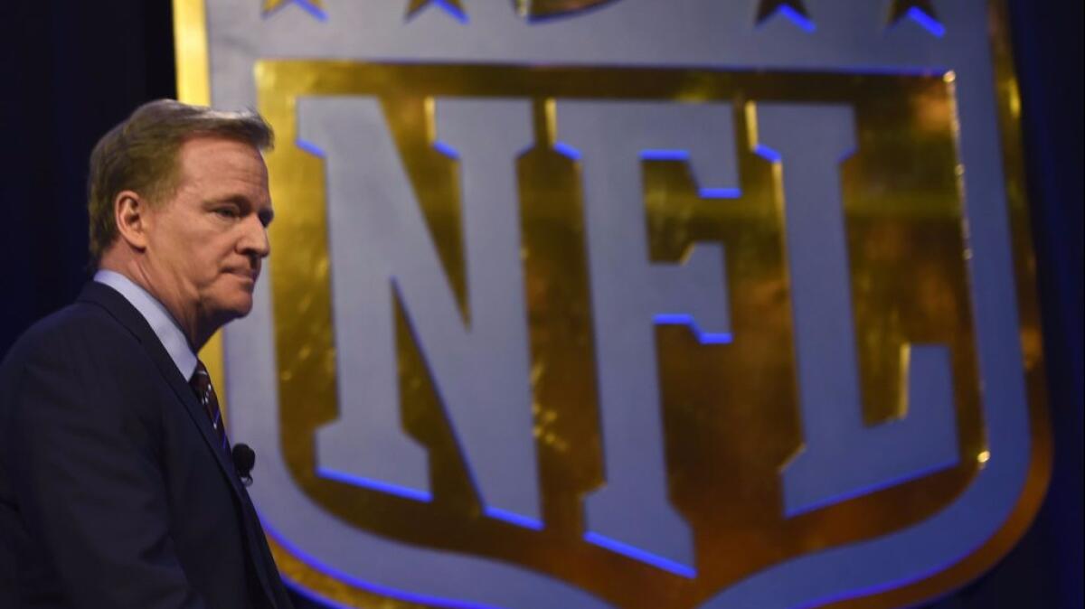 NFL Commissioner Roger Goodell arrives for a news conference ahead of Super Bowl 50 on Feb. 5.