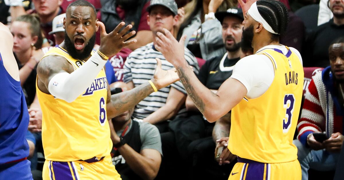 Plaschke: LeBron James fumbles away Lakers’ fierce comeback in Game 1 loss to Nuggets