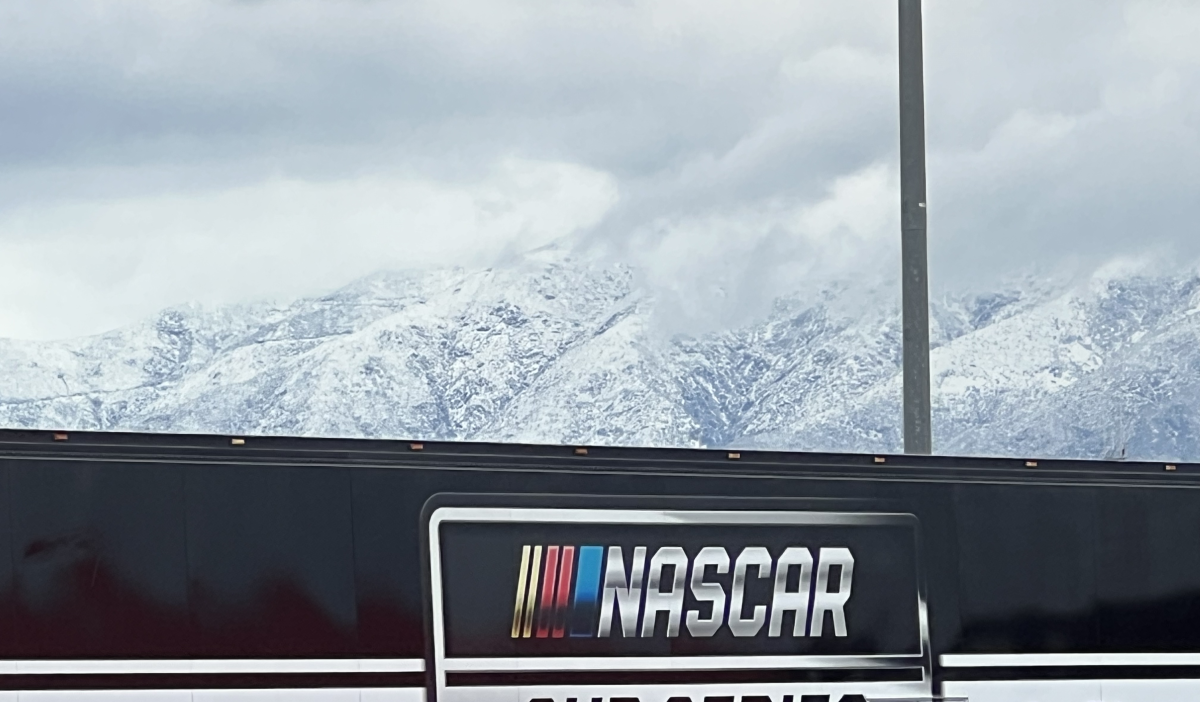 A view of the snowy San Bernardino Mountains from Auto Club Speedway in Fontana on Feb. 26, 2023.