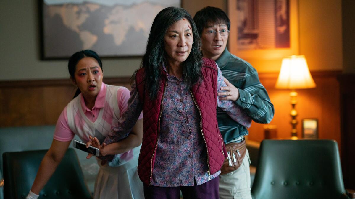 Stephanie Hsu, left, Michelle Yeoh and Ke Huy Quan in "Everything Everywhere All at Once."