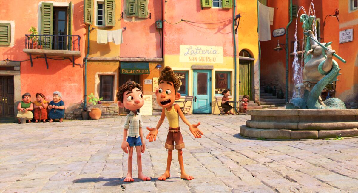 Luca and Alberto visit a town on the Italian Riviera in the movie "Luca."