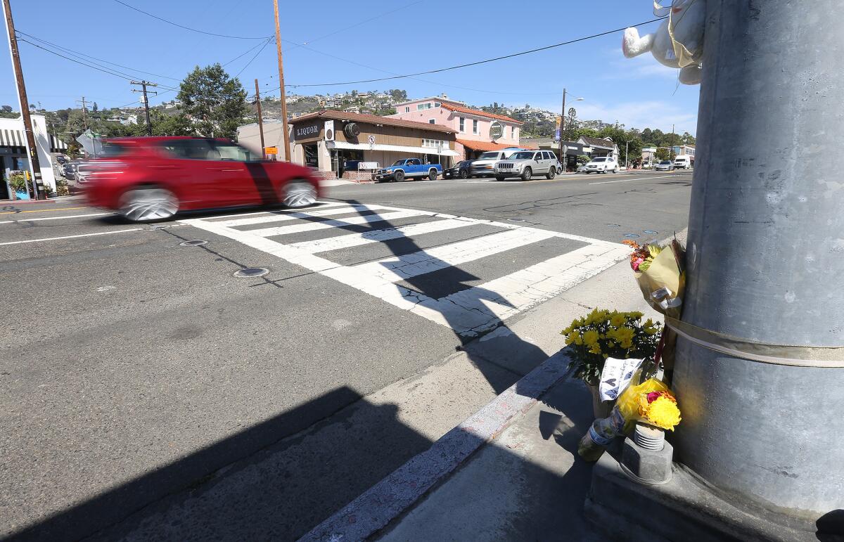 The intersection at South Coast Highway and Pearl Street where a 60-year-old Costa Mesan was killed by a hit-and-run driver.