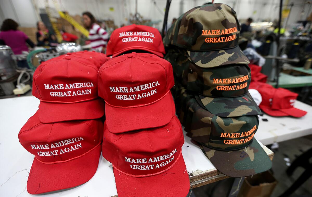 Hats on the factory floor of Cali-Fame in Carson. The hat and apparel maker is best known for producing Donald Trump's "Make America Great Again" caps.