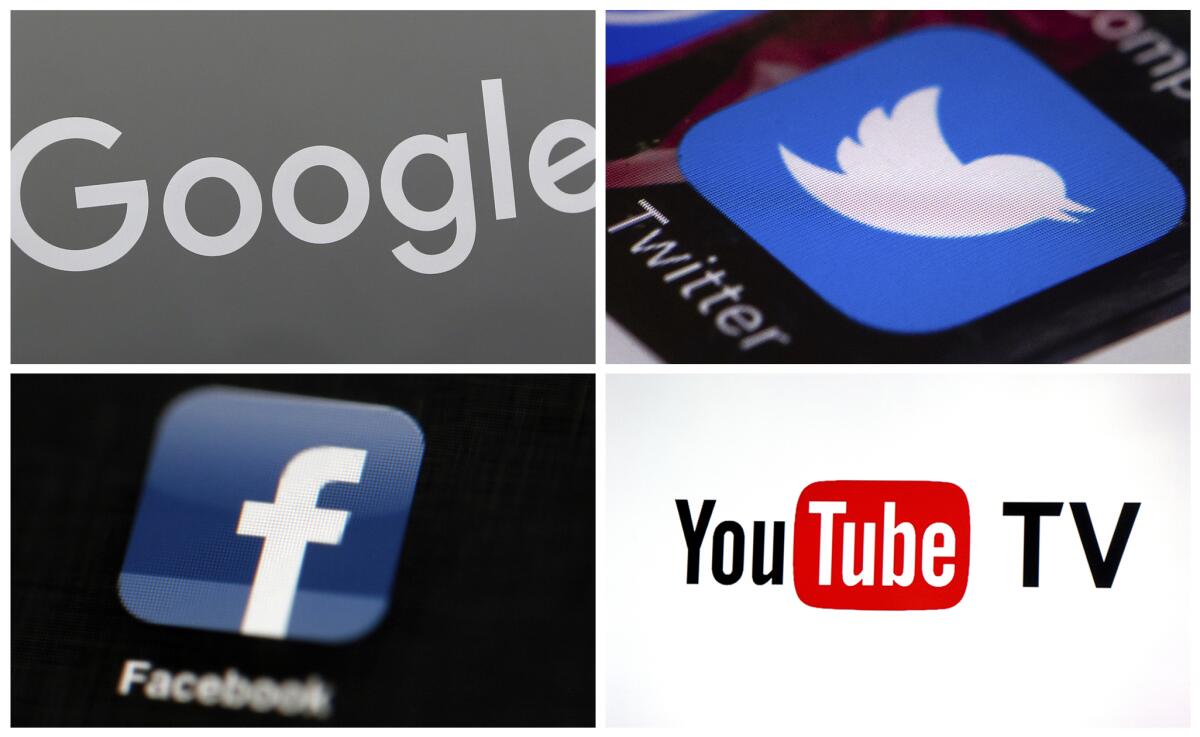 ARCHIVO - En este combo de imágenes se muestran los logos de Google, Twitter, YouTube TV y Facebook.