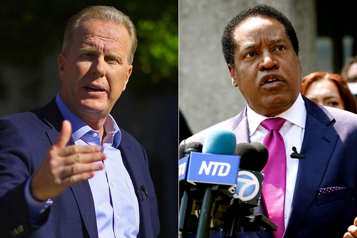 Republican recall candidates Kevin Faulconer, left, and Larry Elder.