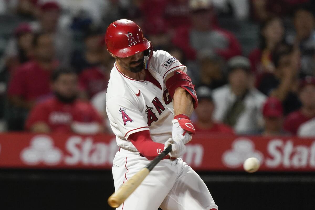 Randal Grichuk hits a solo home run in the fourth inning of the Angels' 6-3 loss.