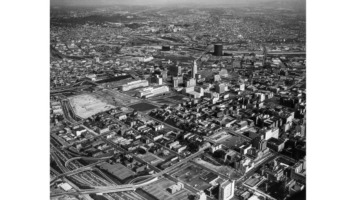 Aerial photo of downtown Los Angeles with grading work, left center, begun in 1962 for the Music Center.