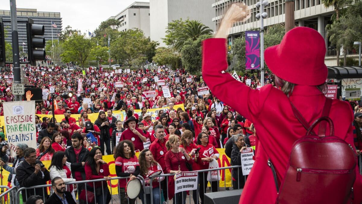 Thousands of teachers filled Grand Park in late May for a rally for better pay and working conditions. Contract negotiations with L.A. Unified School District are at an impasse.