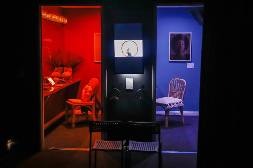 LOS ANGELES-CA-APRIL 7, 2023: Truth portals, where visitors can tell a story and/or receive one, at the new 'Witness' art exhibit at WACO Theater Center in Los Angeles on April 7, 2023. (Christina House / Los Angeles Times)