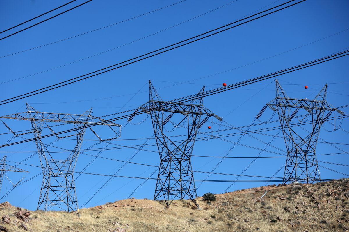 Electric transmission lines run through a power corridor known as Path 26 north of Los Angeles.