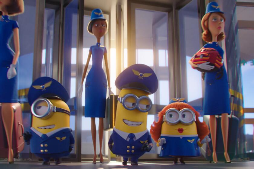 Three animated yellow blobs in pilot suits walking in front of three animated flight attendants