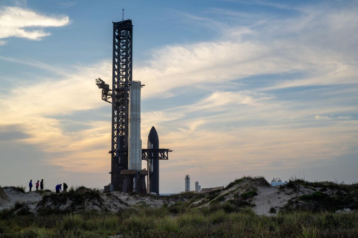 A SpaceX Starship rocket is stationed at Boca Chica beach in Texas in March 2025.