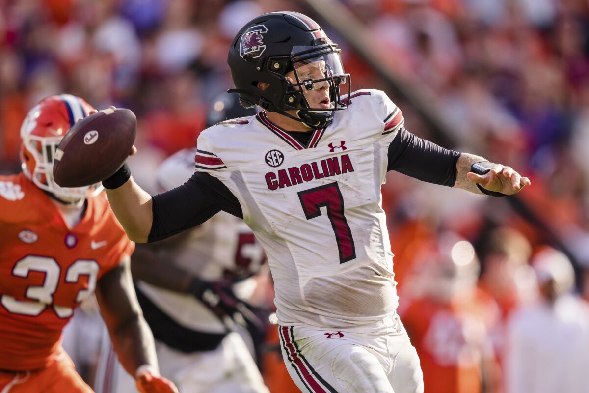 South Carolina quarterback Spencer Rattler throws the football.