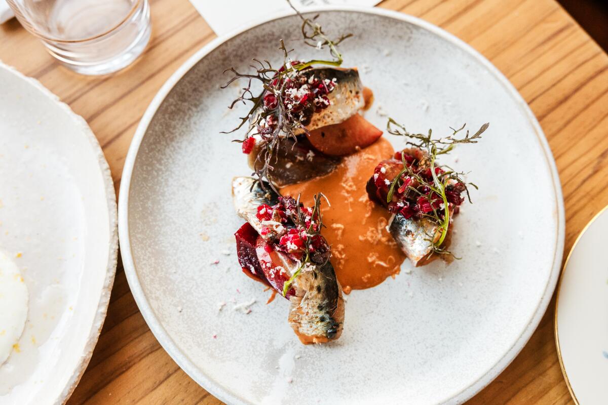Monterey sardine, smoked beet, pimenton de la vera dish at Mijote Restauarnt in San Francisco, CA photographed on September 21, 2024. (Carolyn Fong/For The Times)