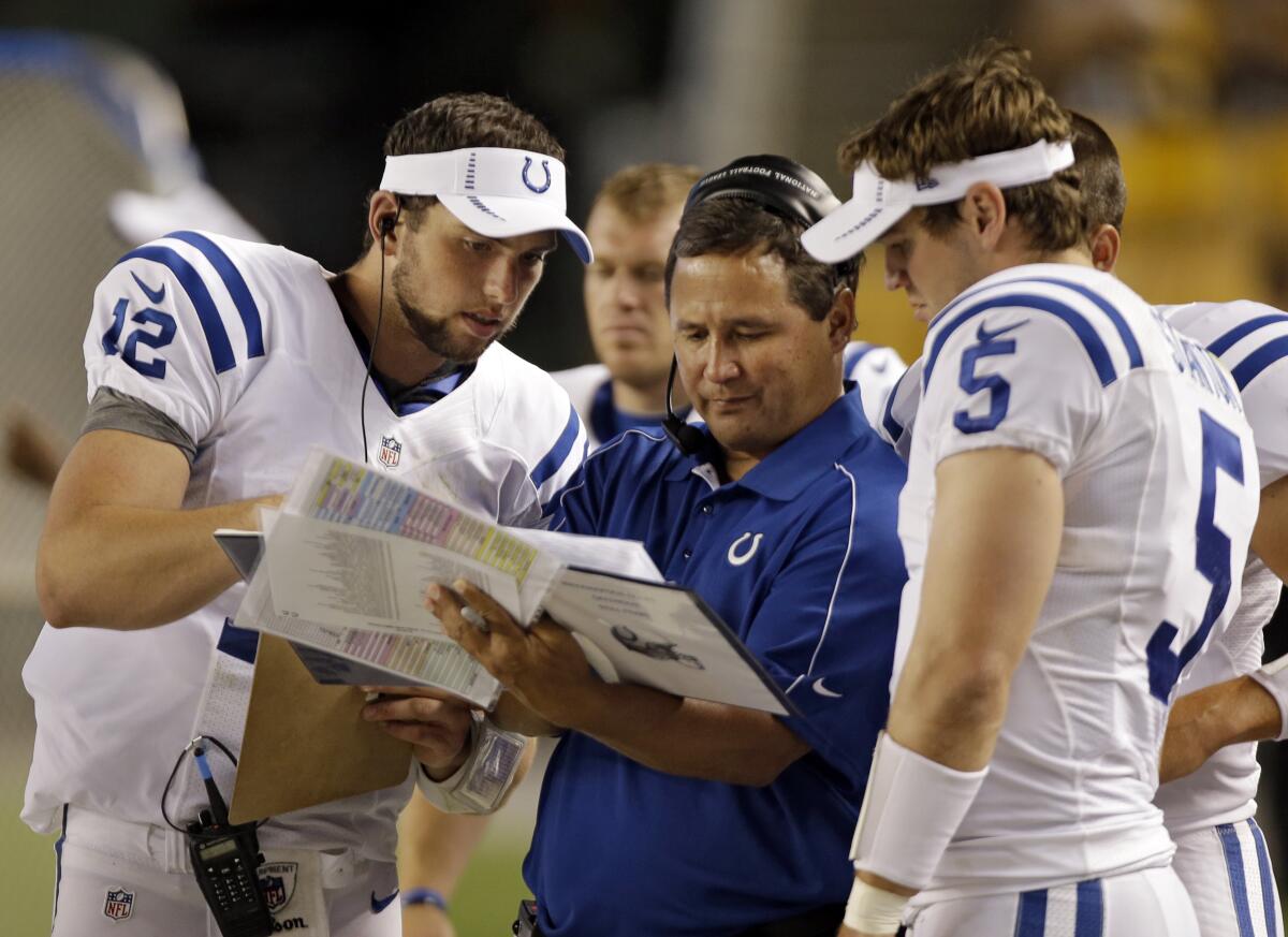 Indianapolis Colts quarterback Andrew Luck, left, looks over a play chart with QB coach Clyde Christensen and Drew Stanton 