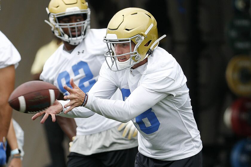 Punter Wade Lees at fall football camp practice at the football fields at Wasserman Football Center on the campus of UCLA on July 31.