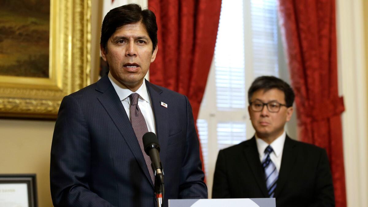 Senate President Pro Tem Kevin de León (D-Los Angeles), left, and state Treasurer John Chiang at a news conference Thursday in Sacramento, where they vowed to proceed with the California Secure Choice retirement plan.