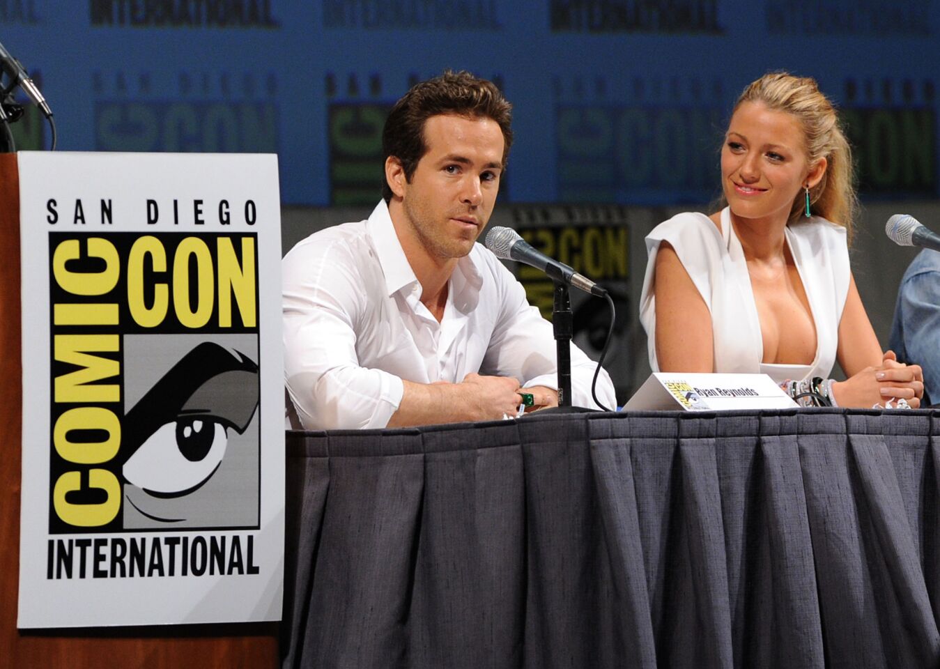 Ryan Reynolds and costar Blake Lively speak onstage at the "Green Lantern" panel discussion during Comic-Con 2010 at the San Diego Convention Center on July 24, 2010.
