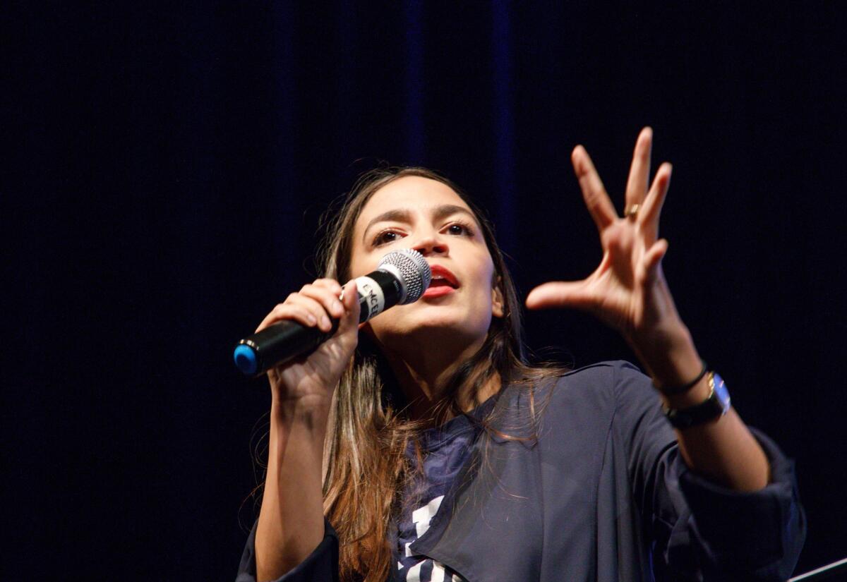 Democratic congressional candidate Alexandria Ocasio-Cortez speaks at a fundraiser in Los Angeles on Aug. 2.