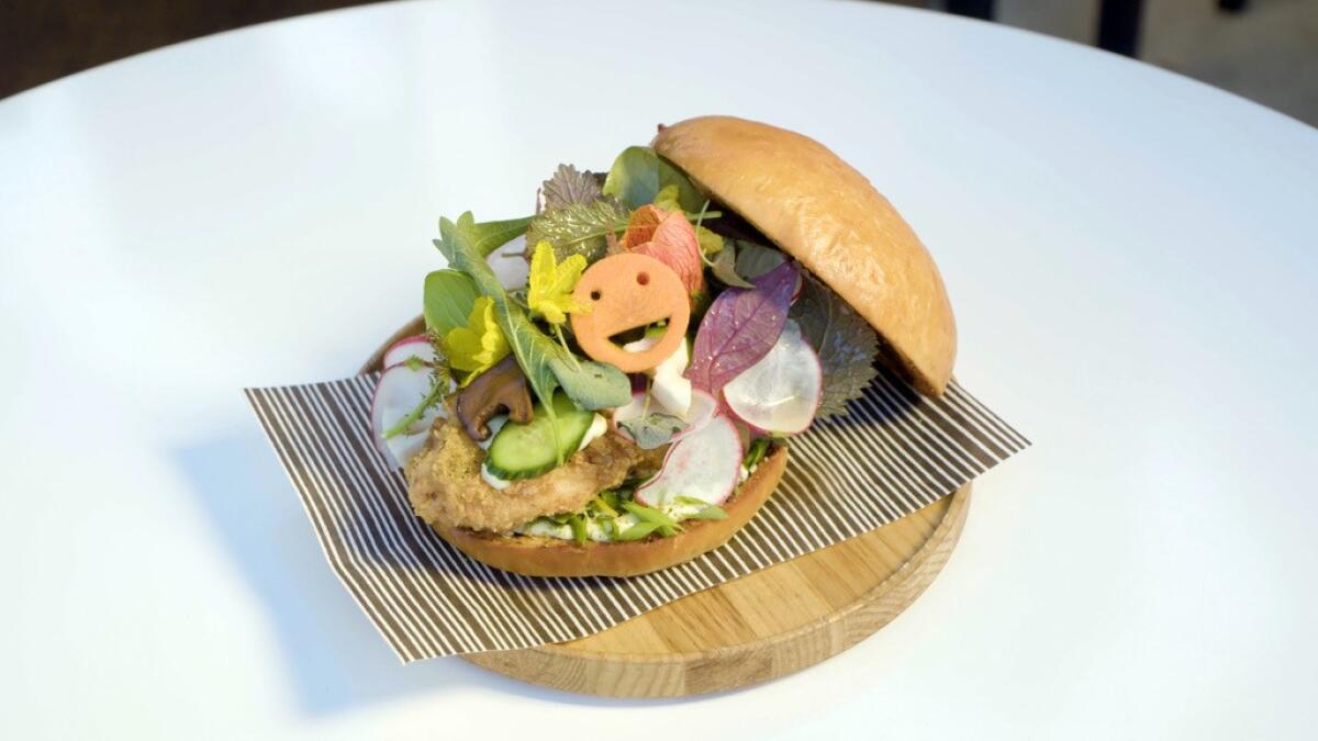 A very elaborate-looking fried chicken sandwich