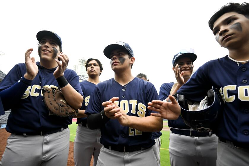 Vincent Memorial players meet before a San Diego Section High School baseball series game against Coastal Academy at Petco Park April, 22, 2024 in San Diego, Calif. (Photo by Denis Poroy)