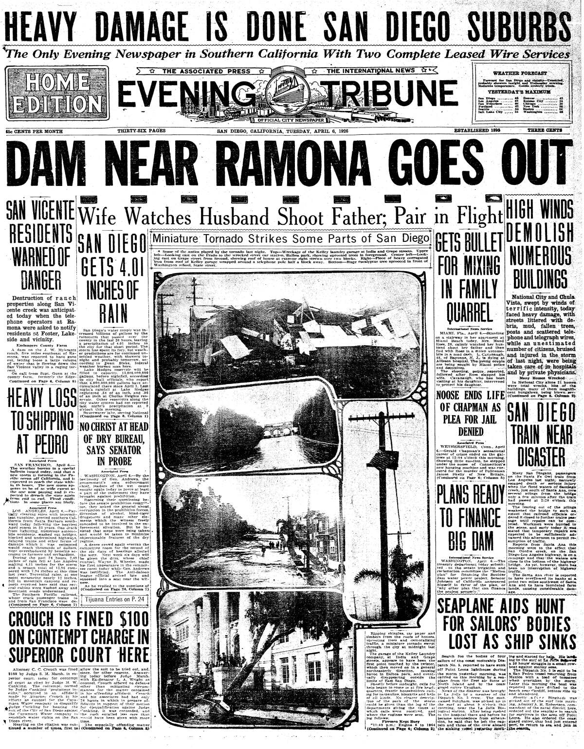 Tornadoes reported on the front page of the Evening Tribune on April 6, 1926.