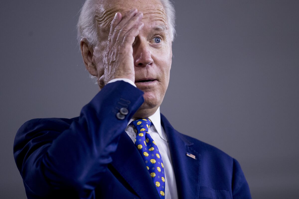 Democratic presidential candidate former Vice President Joe Biden gestures while referencing President Donald Trump at a campaign event at the William "Hicks" Anderson Community Center in Wilmington, Del., Tuesday, July 28, 2020.(AP Photo/Andrew Harnik)